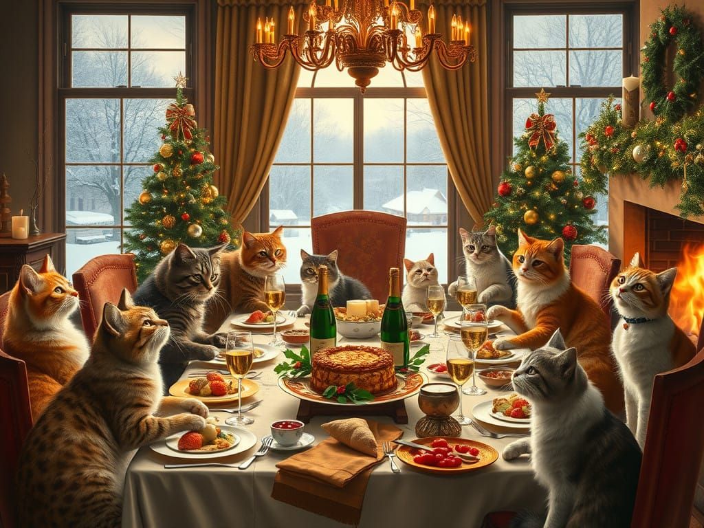 Felines Gather for Winter Wonderland Feast