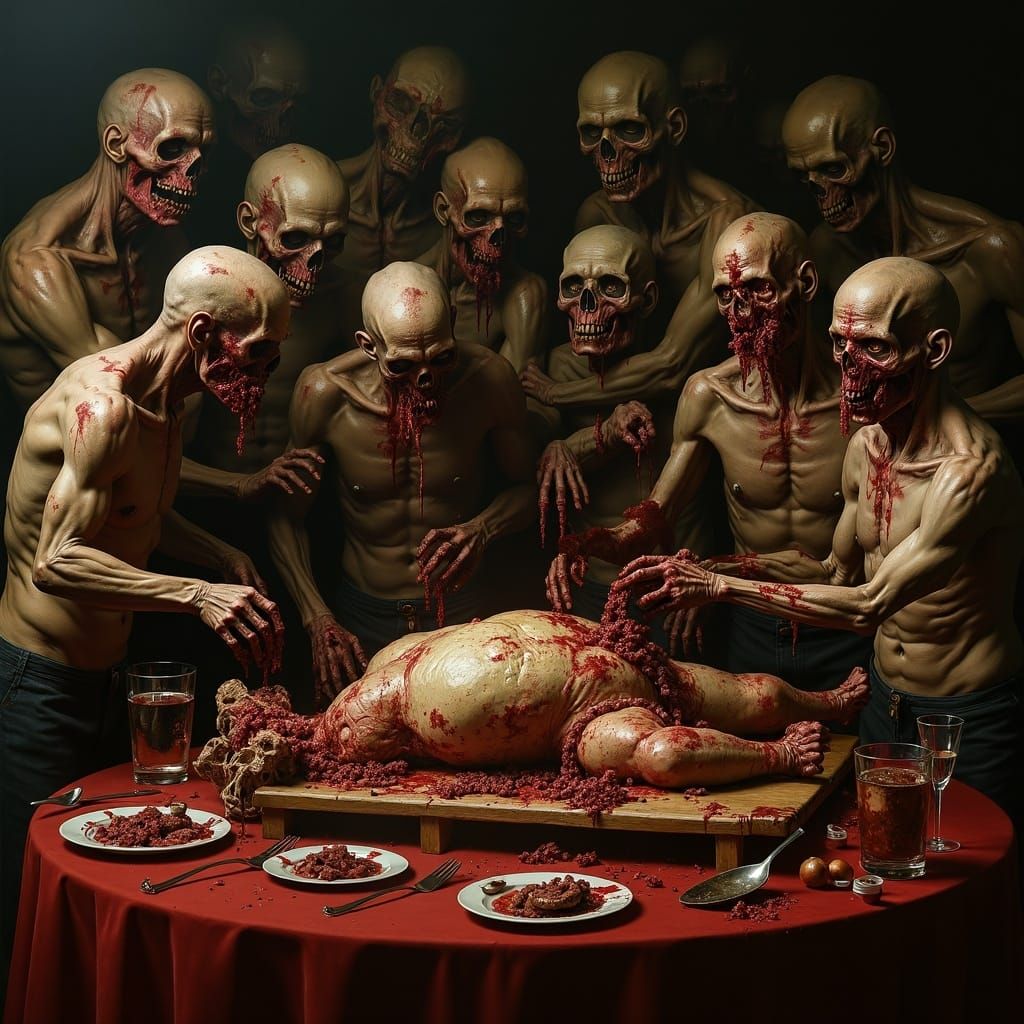 Macabre Zombie Family Feast in Flemish Baroque Style