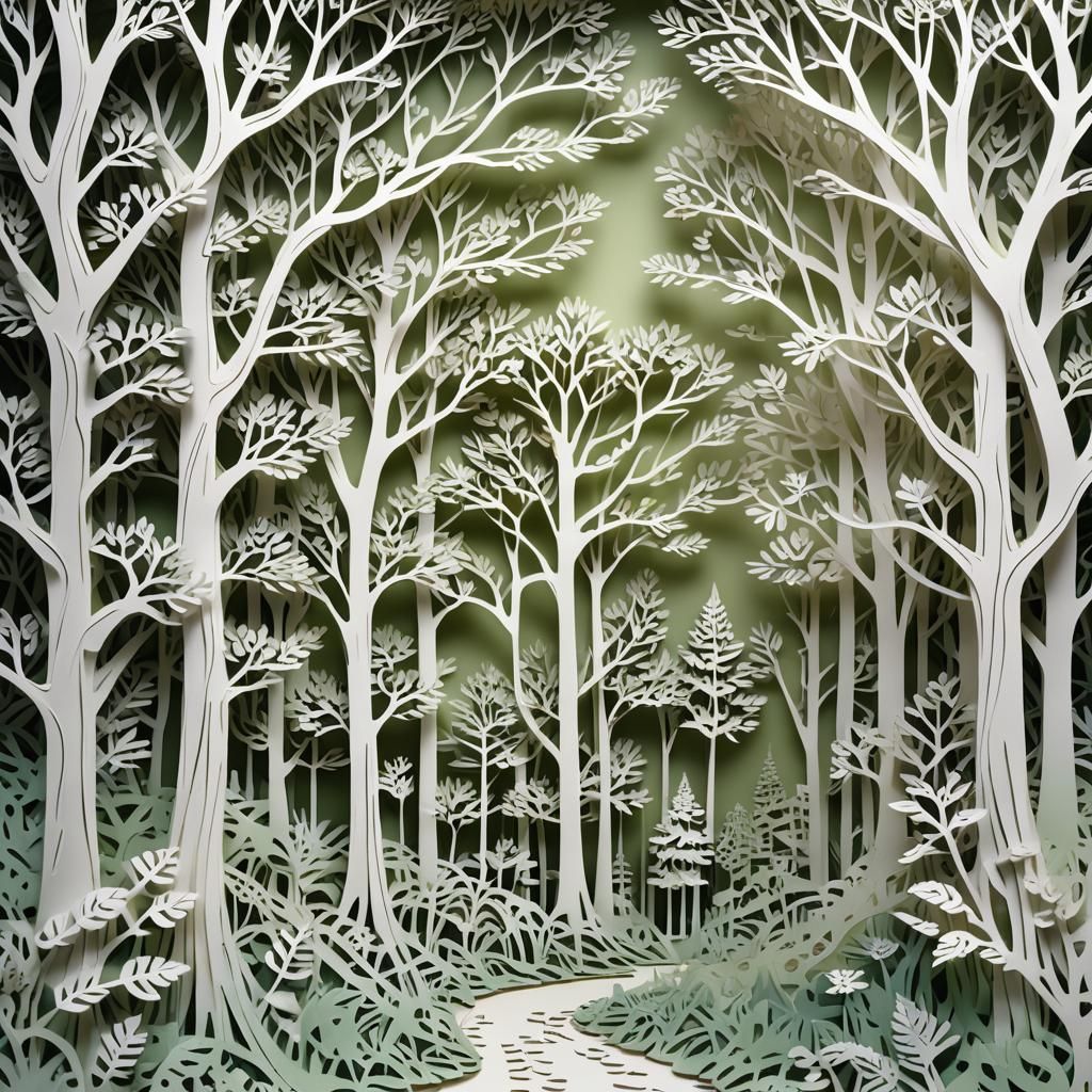 Serene Forest in Whimsical Paper-Cut Illustration