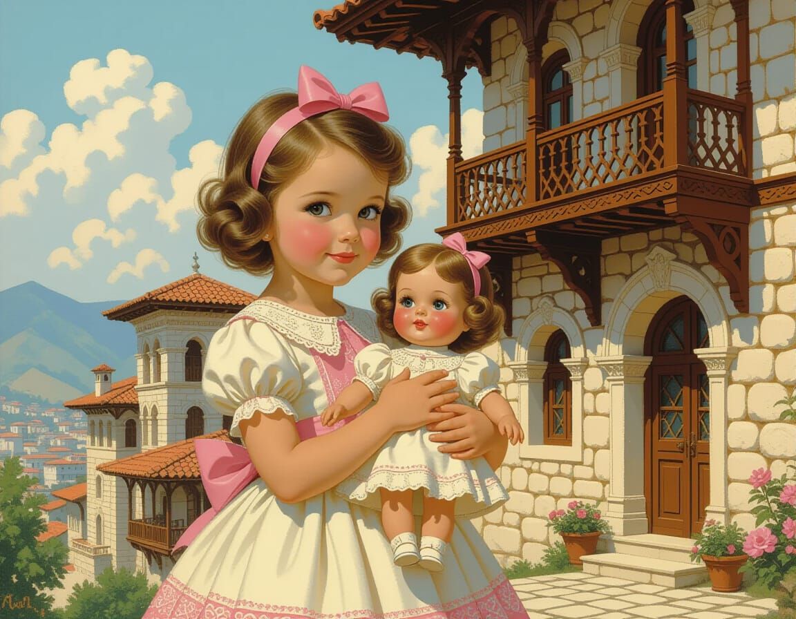 Girl with Doll in Albania, Nostalgic Art Style