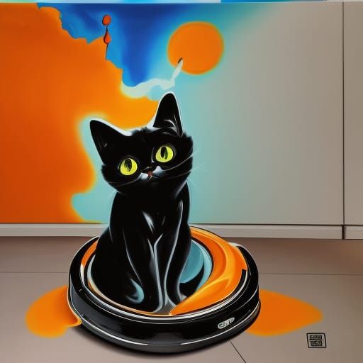 Black Cat on Roomba in Graffiti Art Style