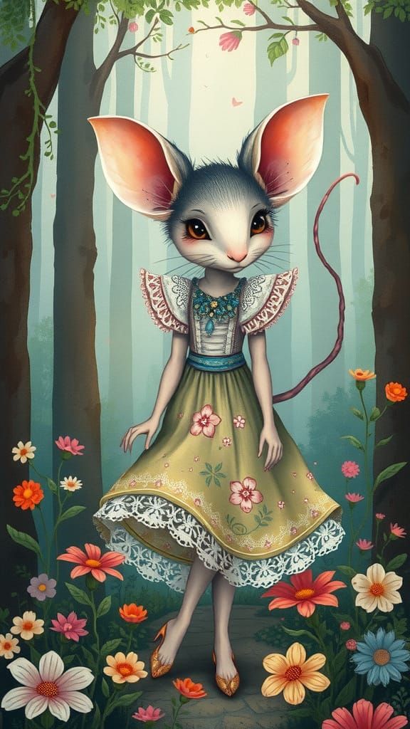 Mouse in Whimsical Forest, Watercolor Digital Art