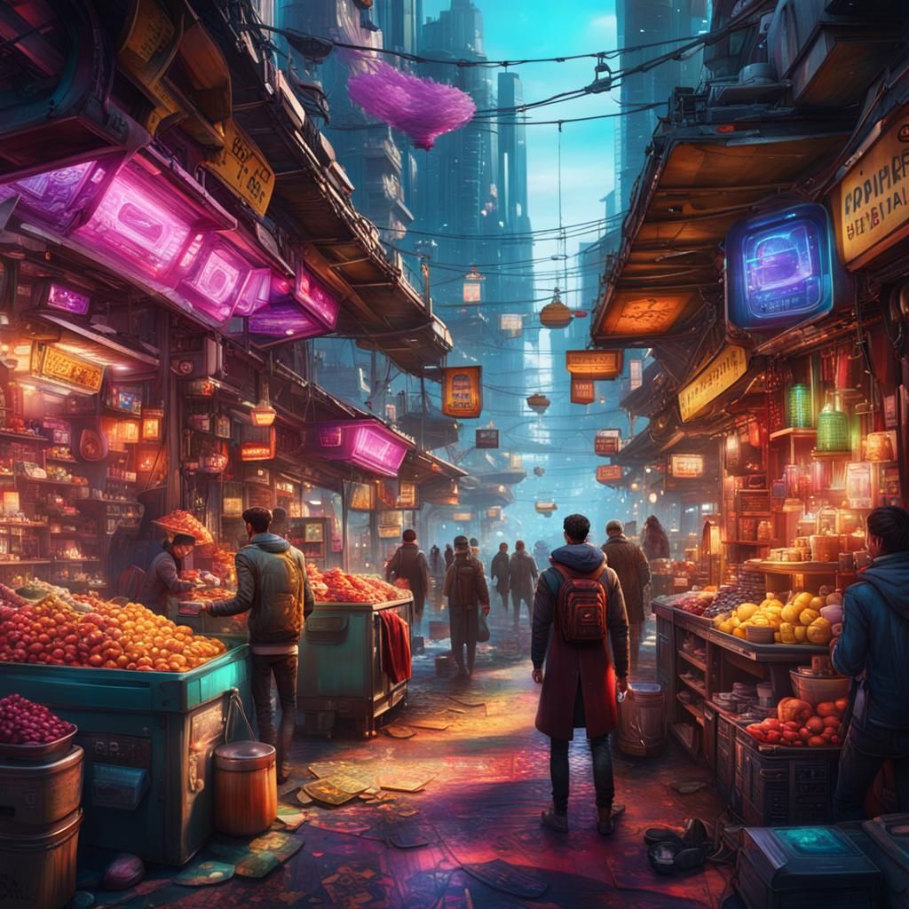 Cyberpunk Bazaar with Augmented Reality, Digital Art