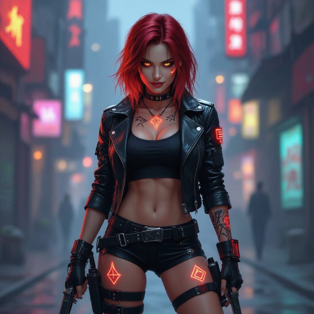 Cyberpunk Rogue with Fiery Hair in Neon City
