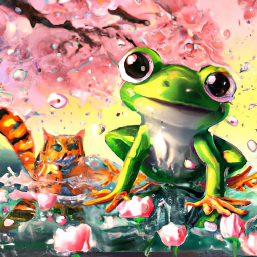 Chibi Frog and Kitten Under Sakura Tree