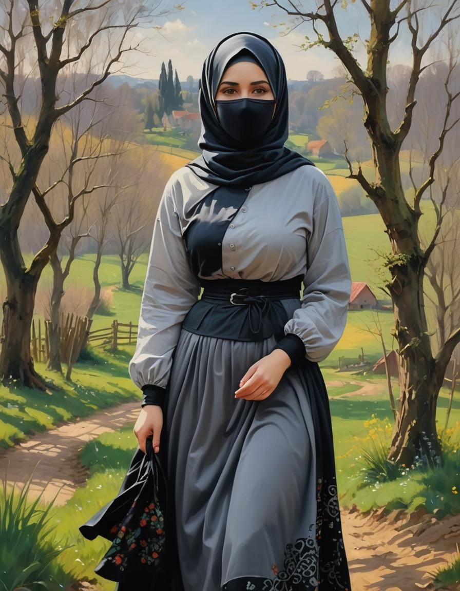 Hujabi Woman in Spring Landscape: Oil and Gouache