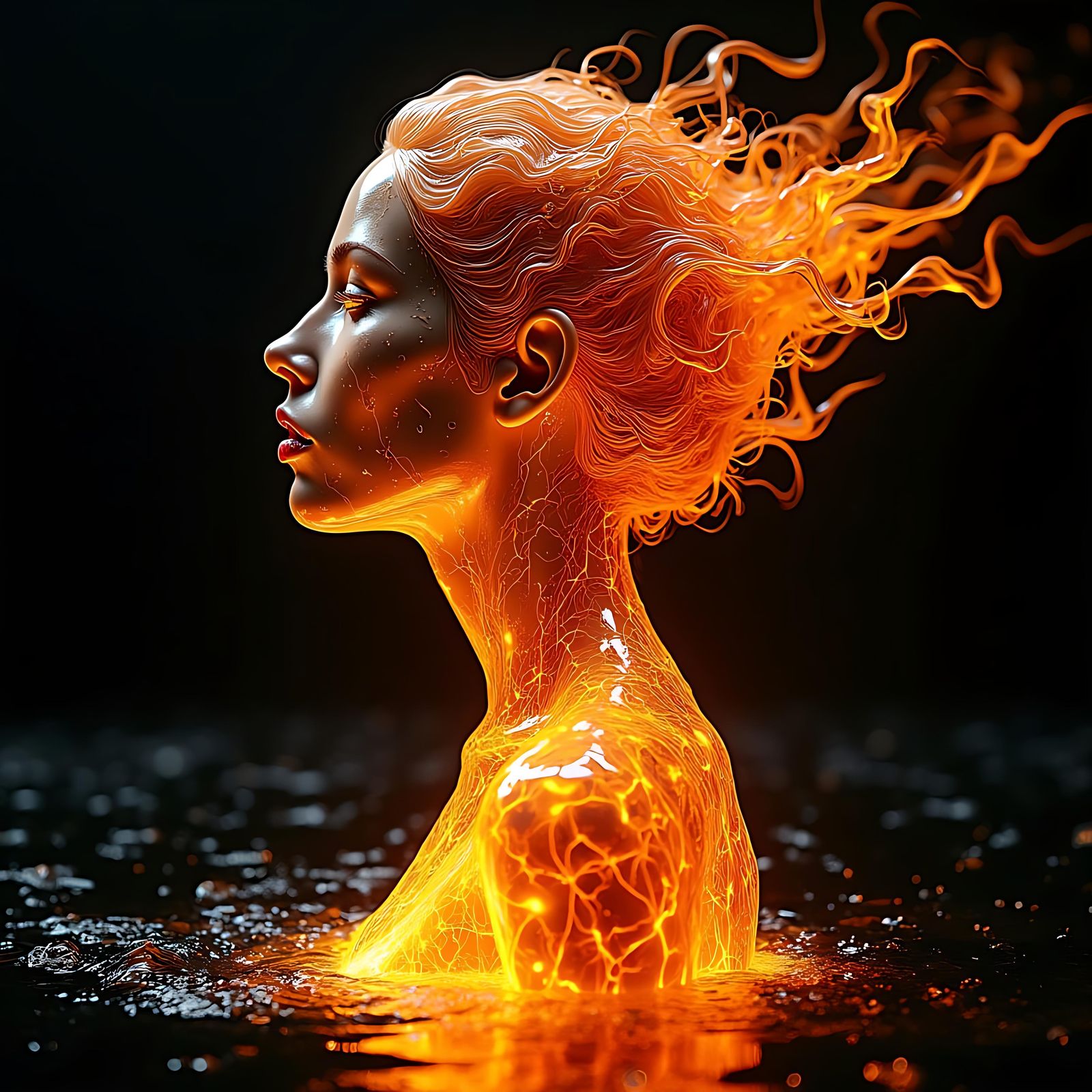 Fiery Woman in Inferno of Liquid Flames