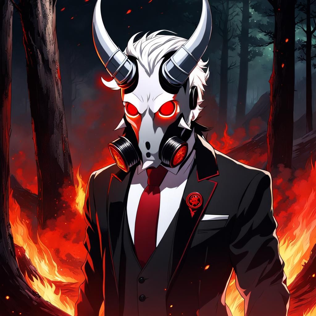 Anime Demon Portrait with Fiery Forest