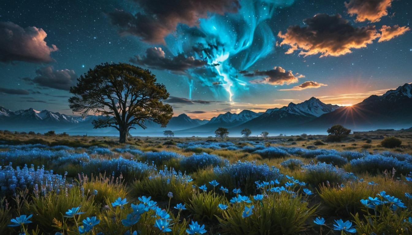 Dramatic Bioluminescent Landscape Under Cosmic Sky