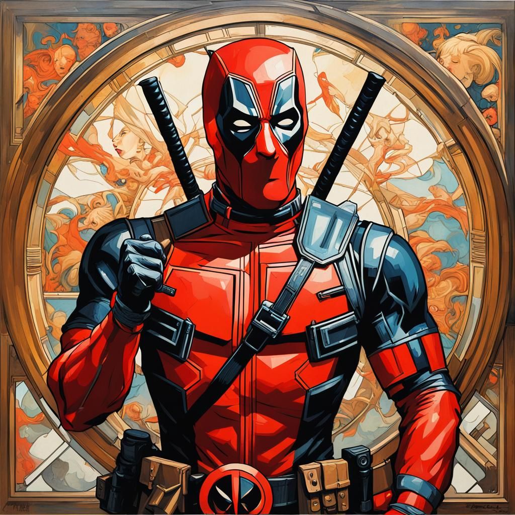 Marvel Deadpool head and torso in a modernist Alphonse Mucha...