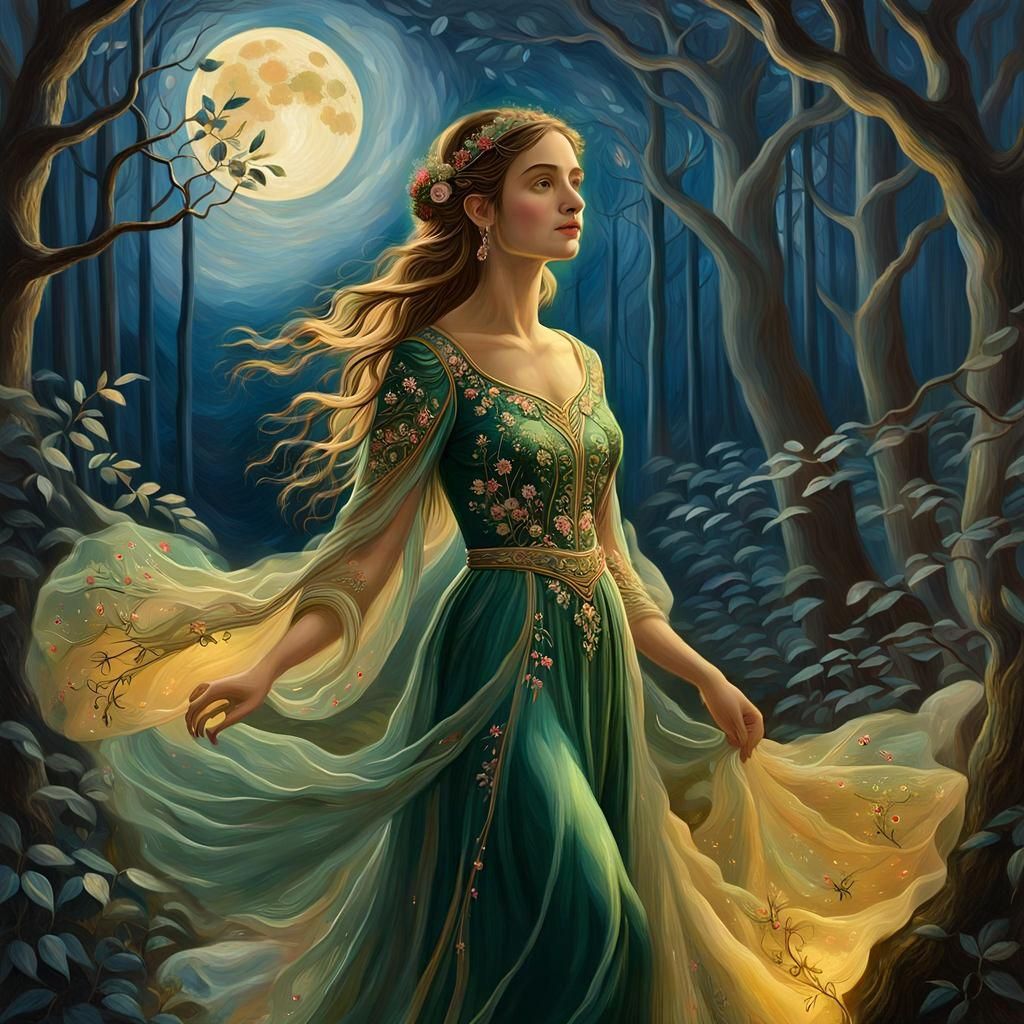 Forest Princess Wishes on Full Moon: Oil Painting