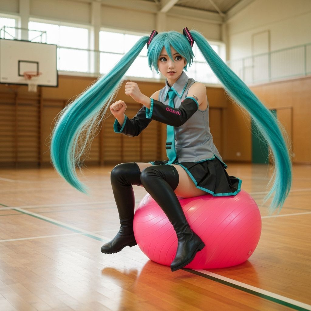 Hatsune Miku Bouncing on Exercise Ball in Gym