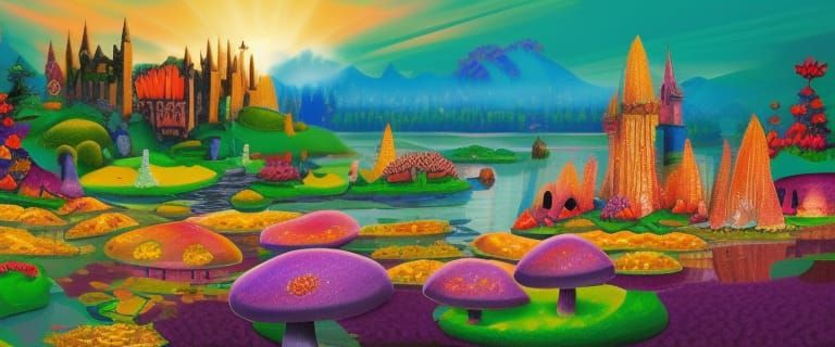 Vivid Mushroom Kingdom Landscape with Gothic Castle