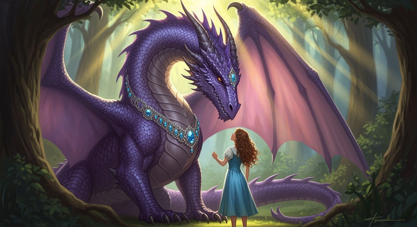 Majestic Purple Dragon and Girl in Sunlit Forest