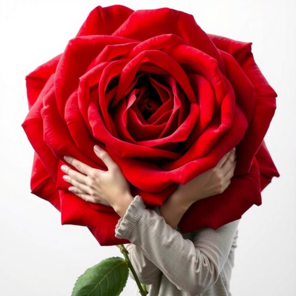 Girl Embraces Giant Red Rose