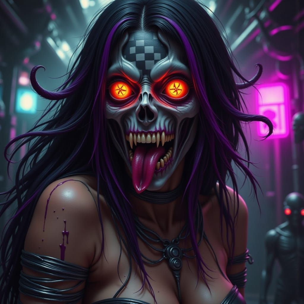 Alien Woman with Checkerboard Face and Glowing Pupils