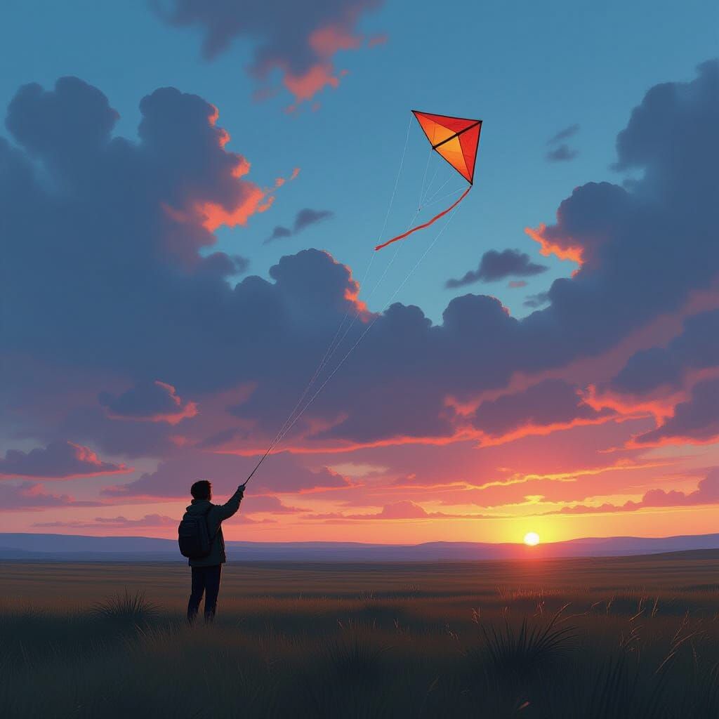 Person Flying Kite in Vast Landscape: Digital Matte Painting