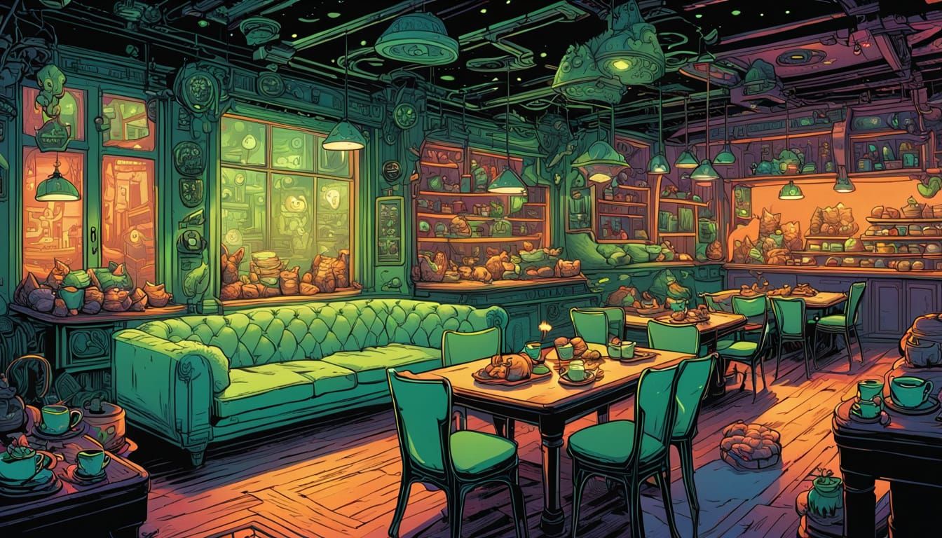 Dreamlike Neon Cat Cafe: Comic Book Art