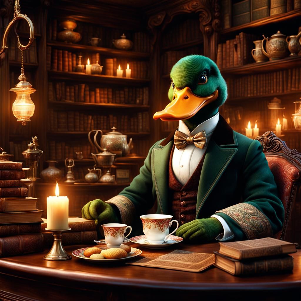 Anthropomorphic Duck Man in Cozy Tea Shop