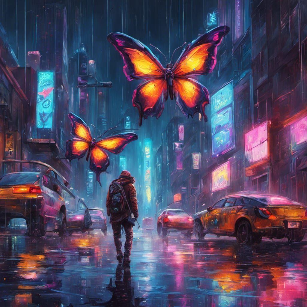 Cyberpunk Butterflies in Neon Cityscape: Graffiti Art