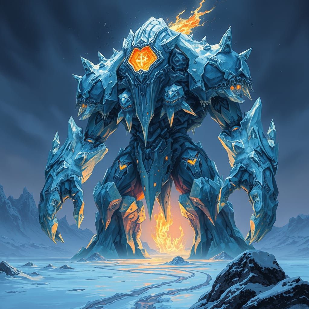 Crystal Golem Guarding Frozen Wasteland in Dark Fantasy Art