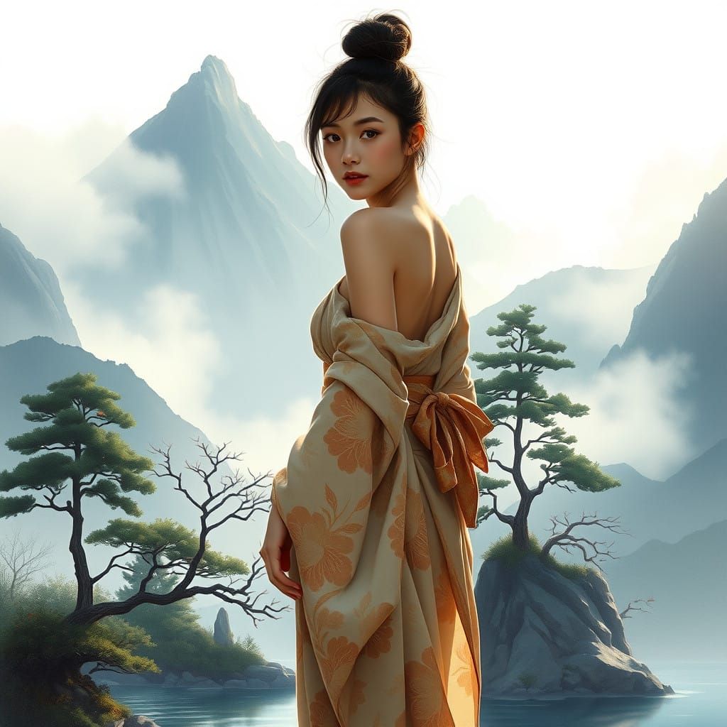 Serene Japanese Landscape with a Young Thai Woman