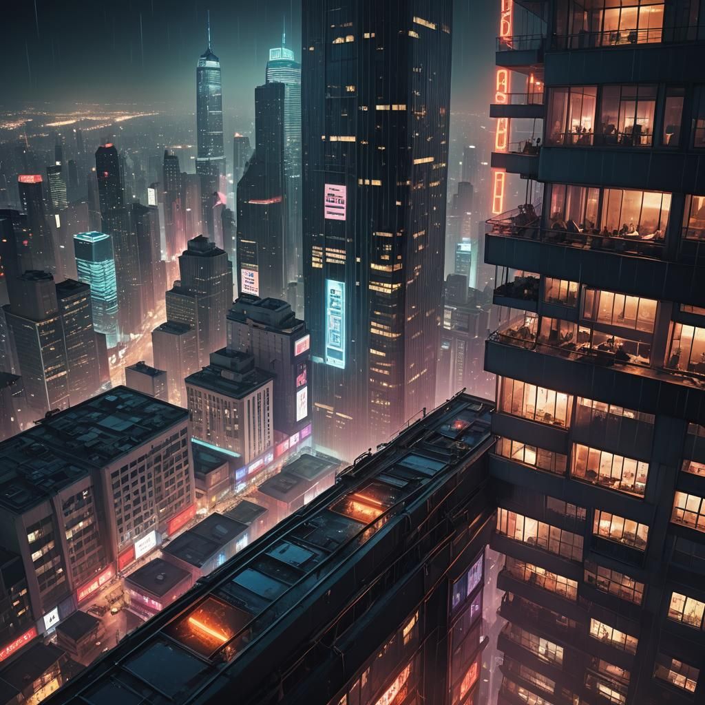 Night Skyscraper Lights in Detailed Digital Painting