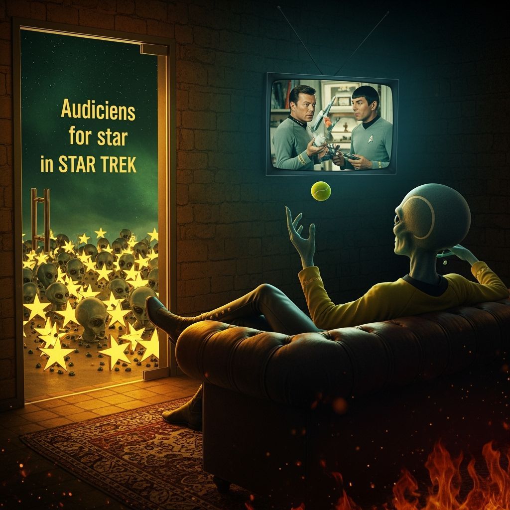 Alien Juggles Tennis Ball Watching Star Trek with Star Audit...