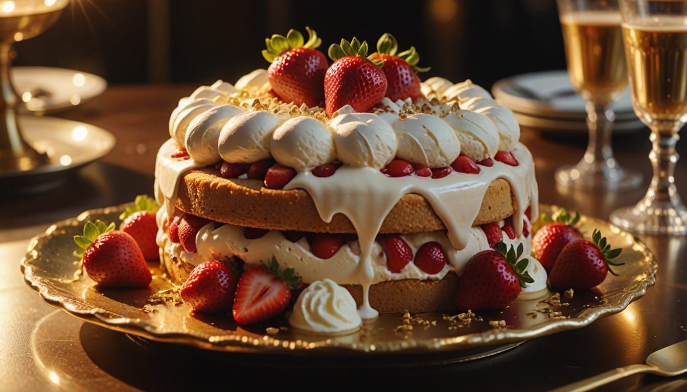 Strawberry Cake with Melting Ice Cream on Gold Platter