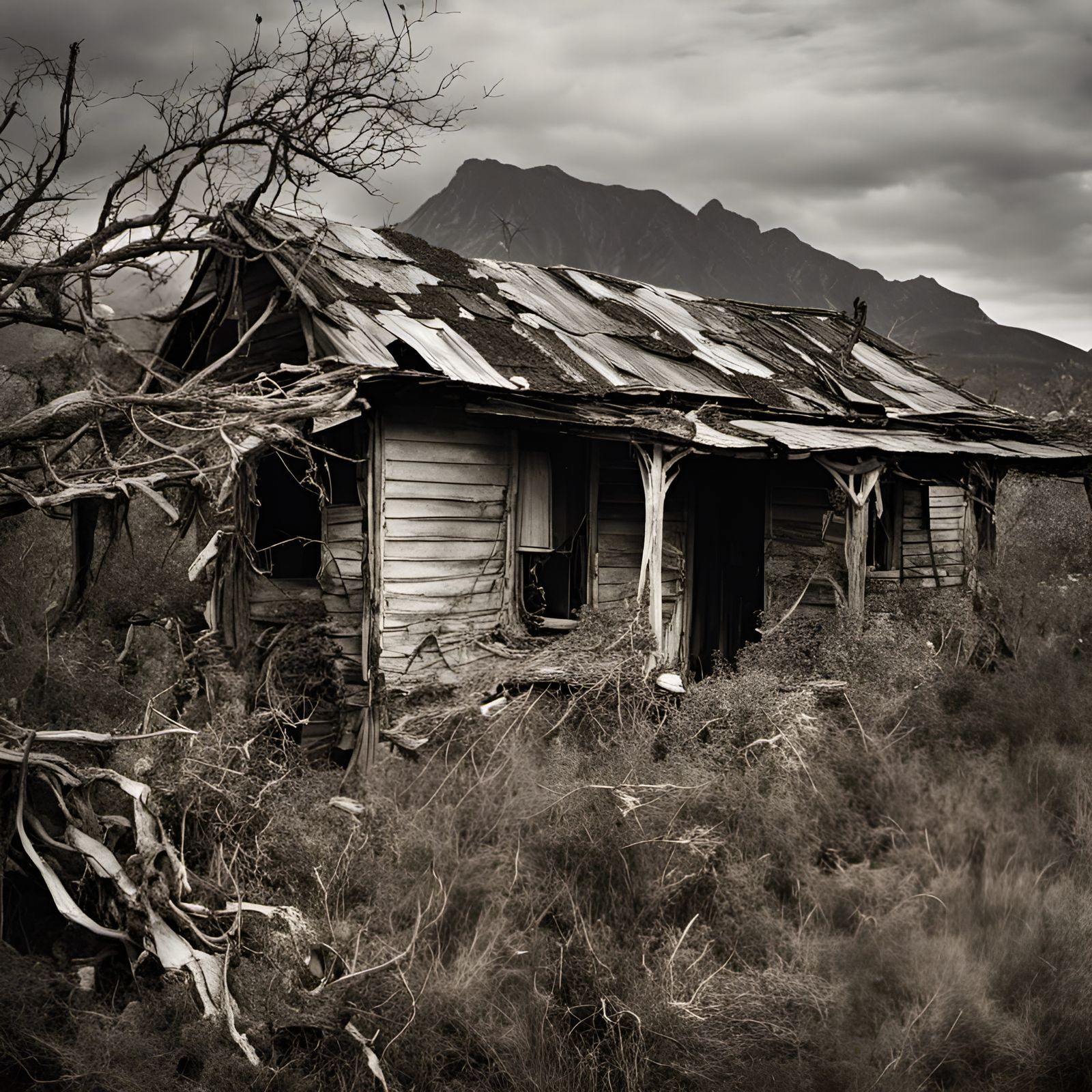 Derelict Country House with Overgrown Verandah