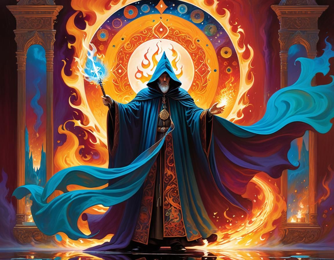 Wizard Casting Fire, Magical Realism Fantasy Art