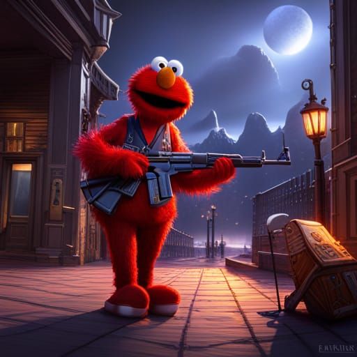 Elmo with AK47: Detailed Matte Painting