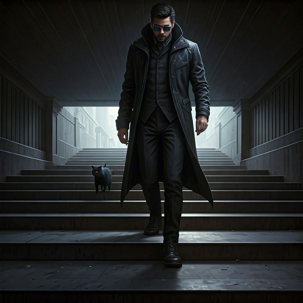 Dramatic Cinematic Scene: Man, Ladder, and Black Cat