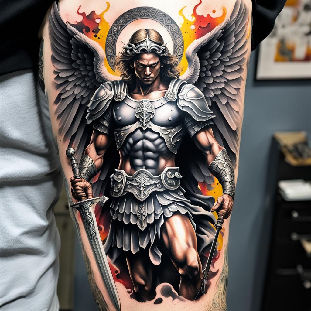 Saint Michael Tattoo in Black and Gray