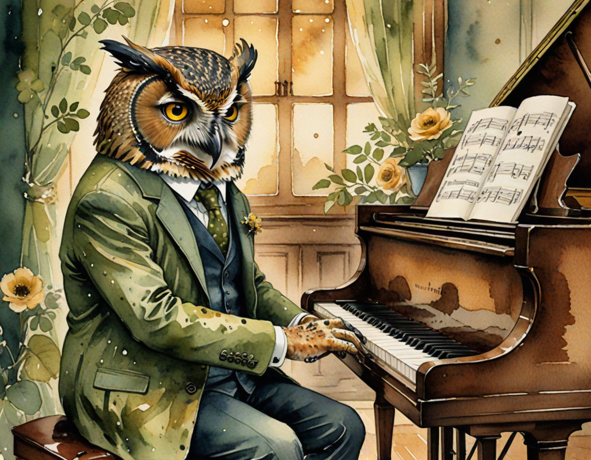 Whimsical Owl in Suit Plays Piano in Warm, Vintage Lighting