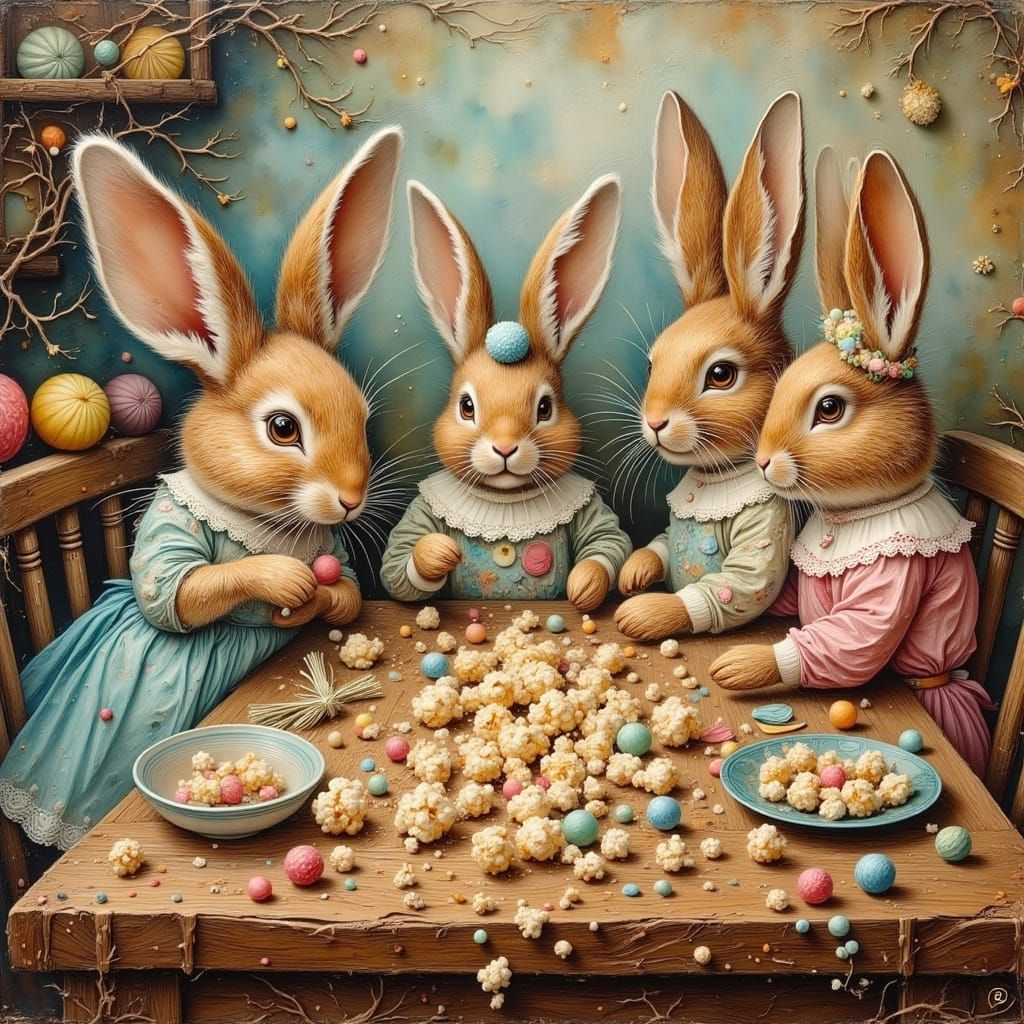 Anthropomorphic Rabbits Stringing Popcorn Garlands