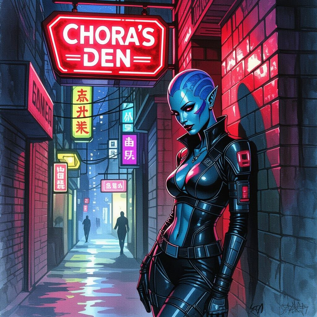 Asari in Neon Alley, Graphic Novel Watercolor Style