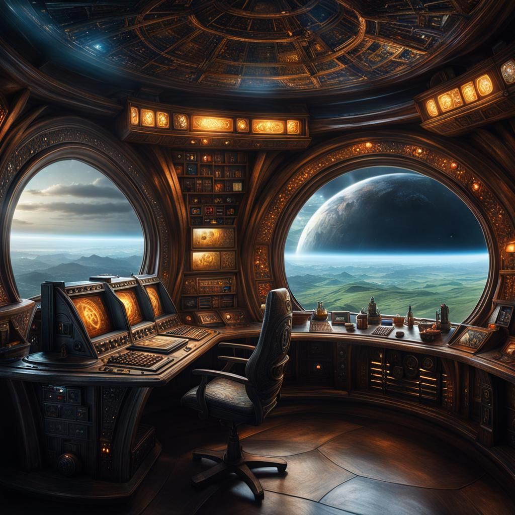 Medievalpunk Spaceship Command Post in Dark Fantasy Style