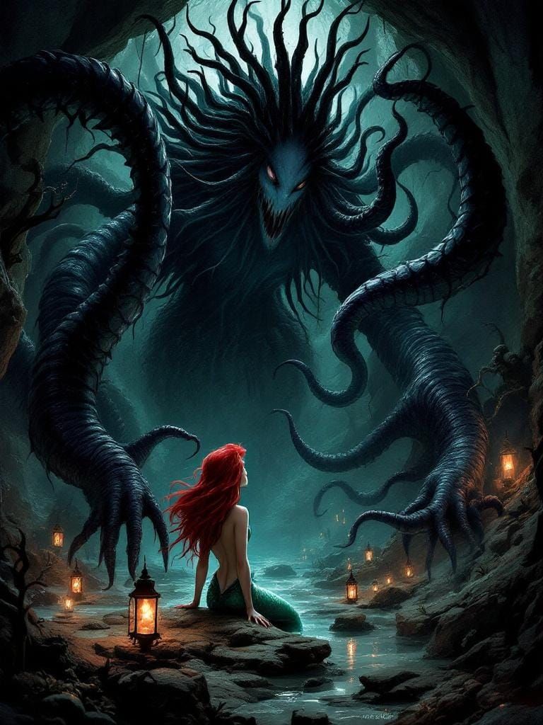 Ursula the Sea Witch and Ariel in Dark Fantasy Style