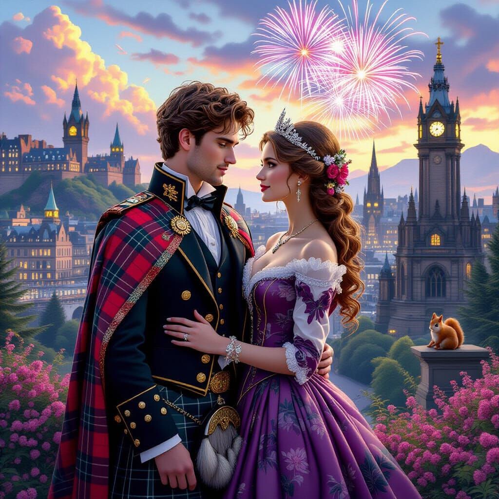 Elegant Scottish Couple in Utopian Sci-Fi Landscape