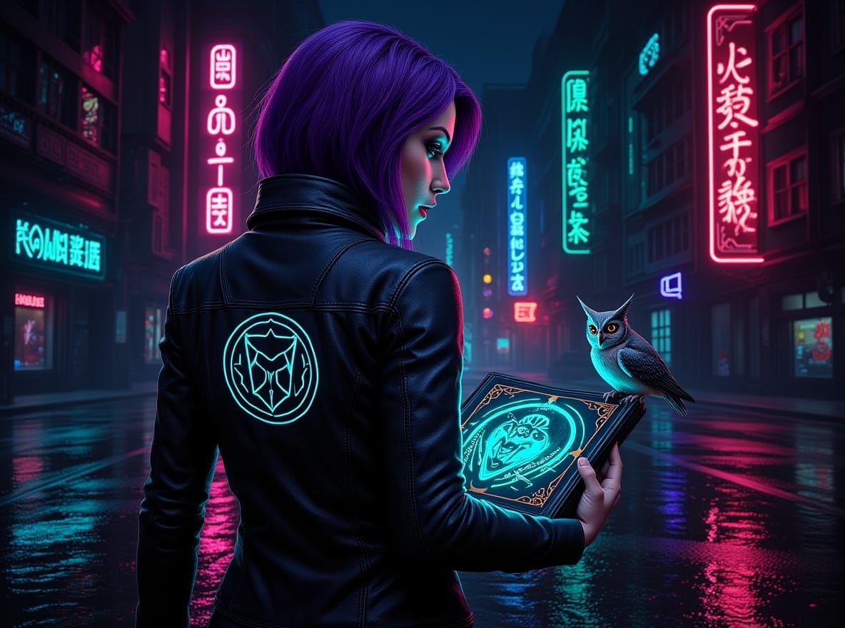 Cyberpunk Witch with Purple Hair and Neon Cityscape