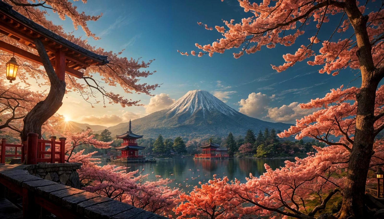 Peaceful Japanese Garden at Sunset with Sakura and Temple