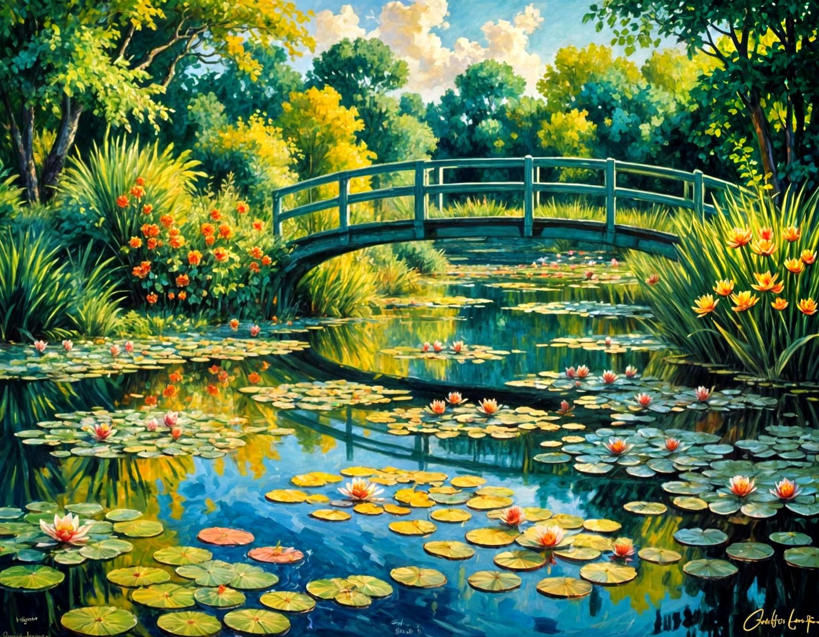 Impressionist Oil Painting of Water Lilies in a Vibrant Gard...