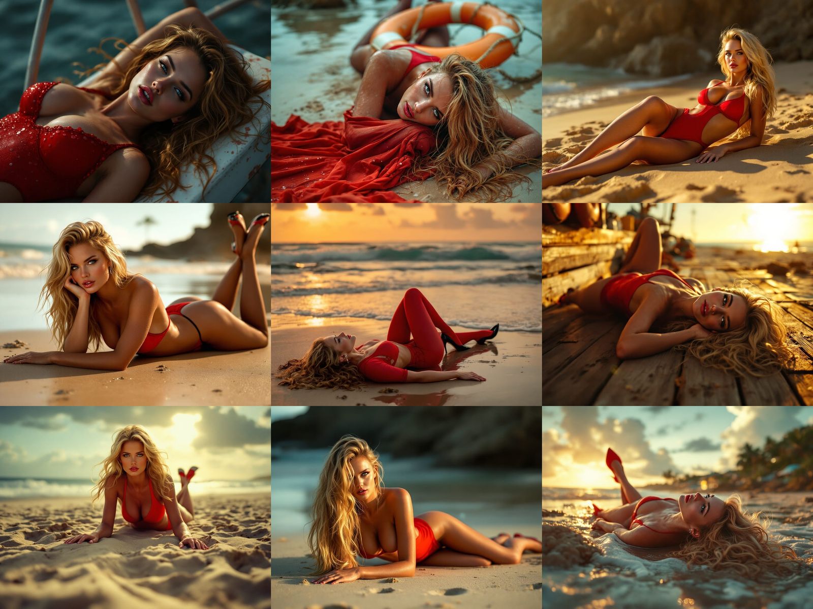 Woman in Red Swimsuit, Pantyhose and High Heels