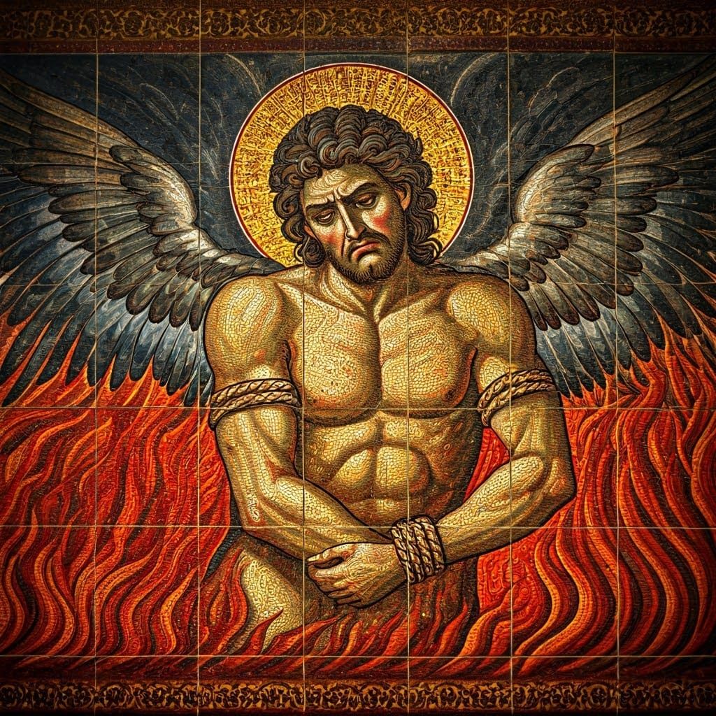 Roman Tile Mosaic Depicting Lucifer Bound in Hell, in Byzant...