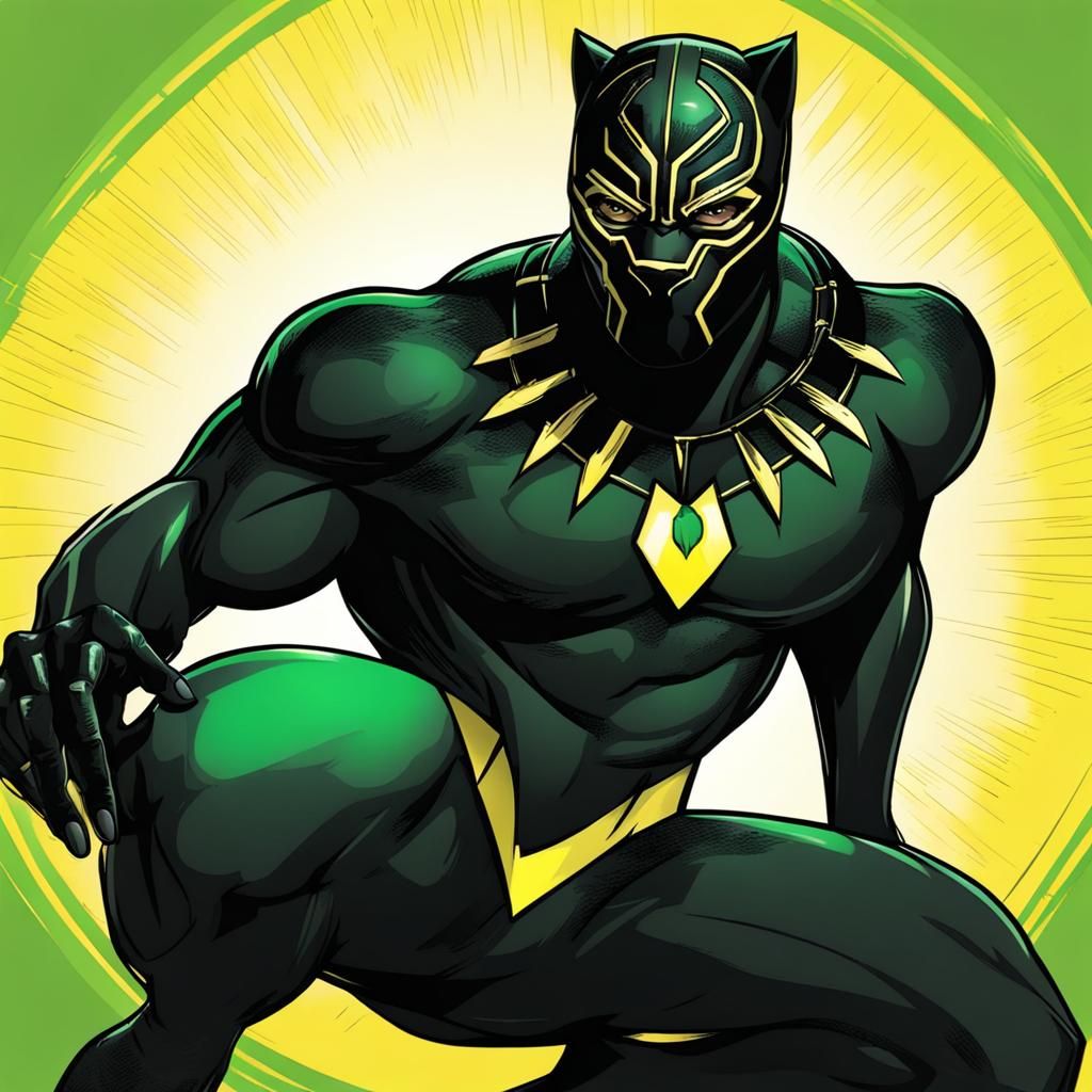 Green and Black Panther Superhero with Yellow Eyes