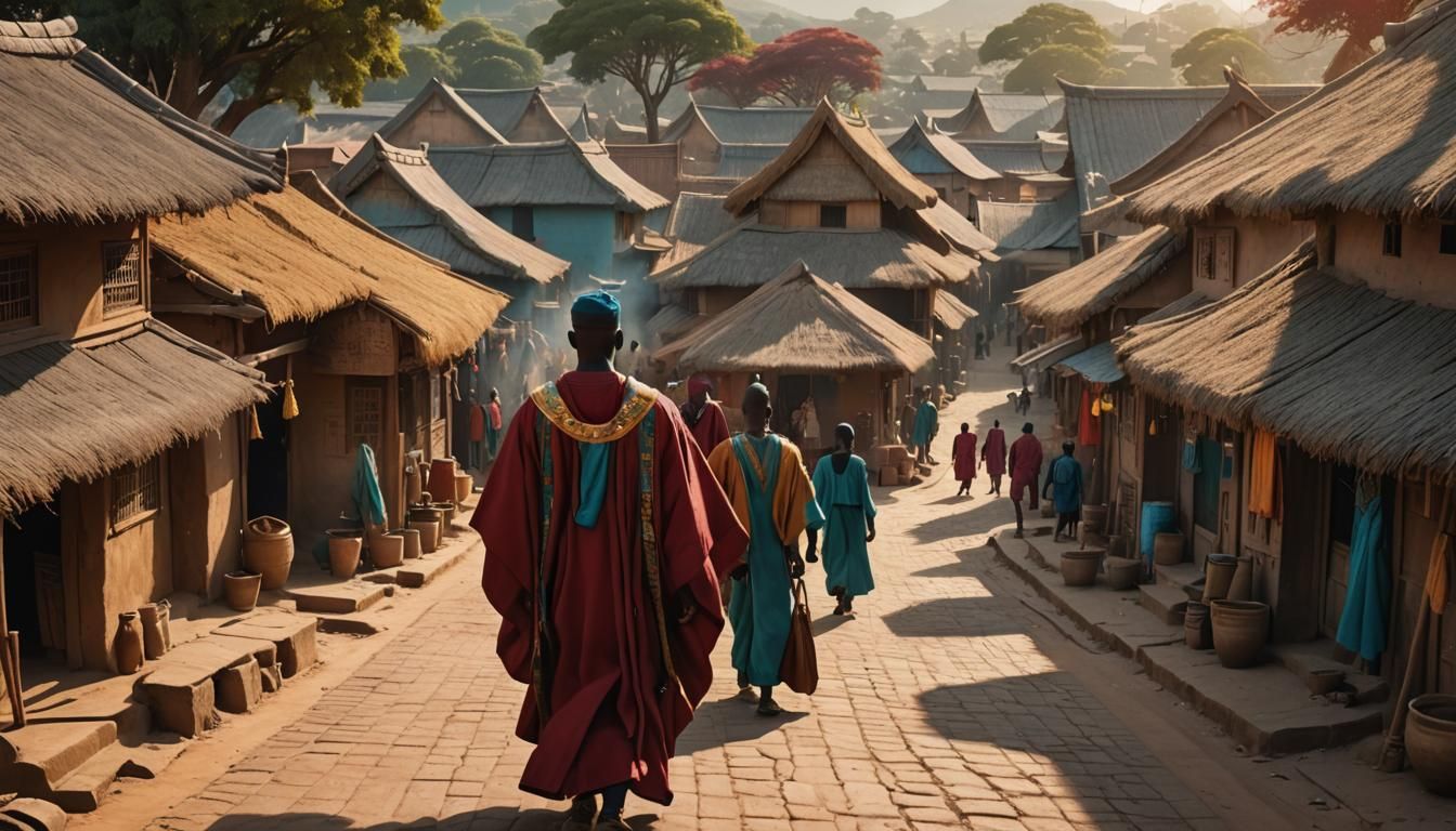 Lively African Village Square in Fantasy Concept Art Style