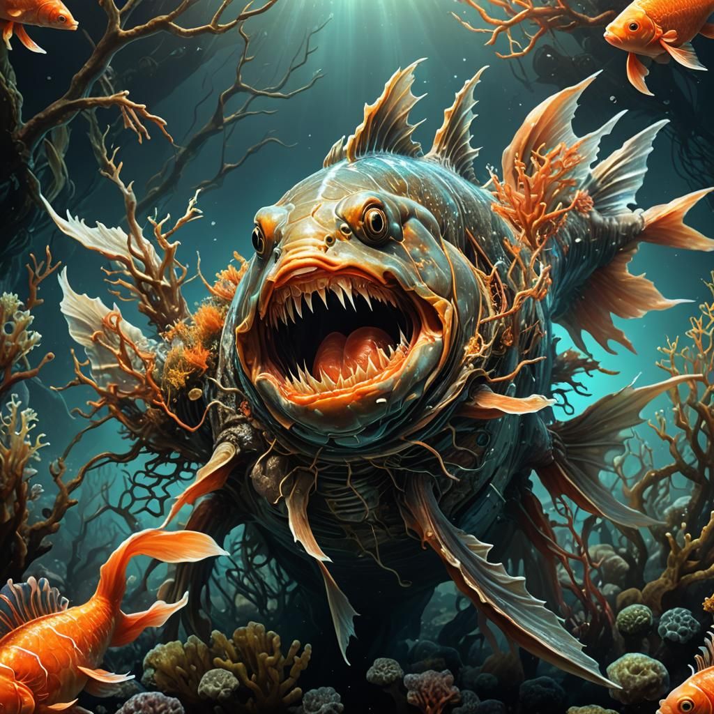 Mutated Goldfish Concept Art in Bioluminescent Coral