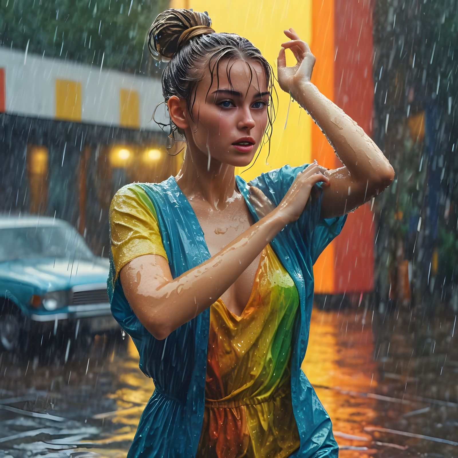 Lady Dancing in Rain: Hyperrealistic Psychedelic Art