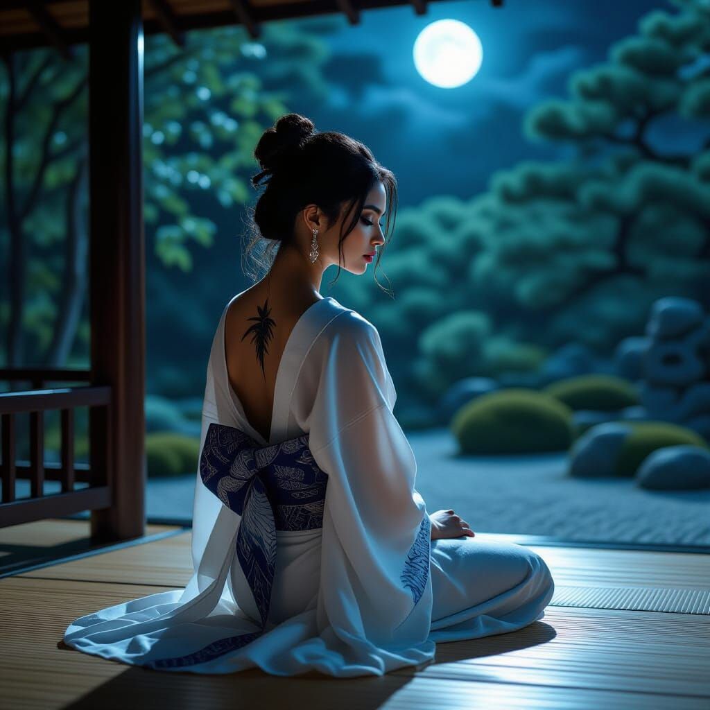 Indian Woman in Zen Garden Under Moonlight